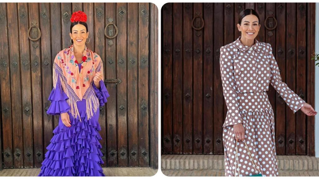 Virginia Troconis, con los dos vestidos que ha usado durante los primeros días de la feria de abril de 2025.