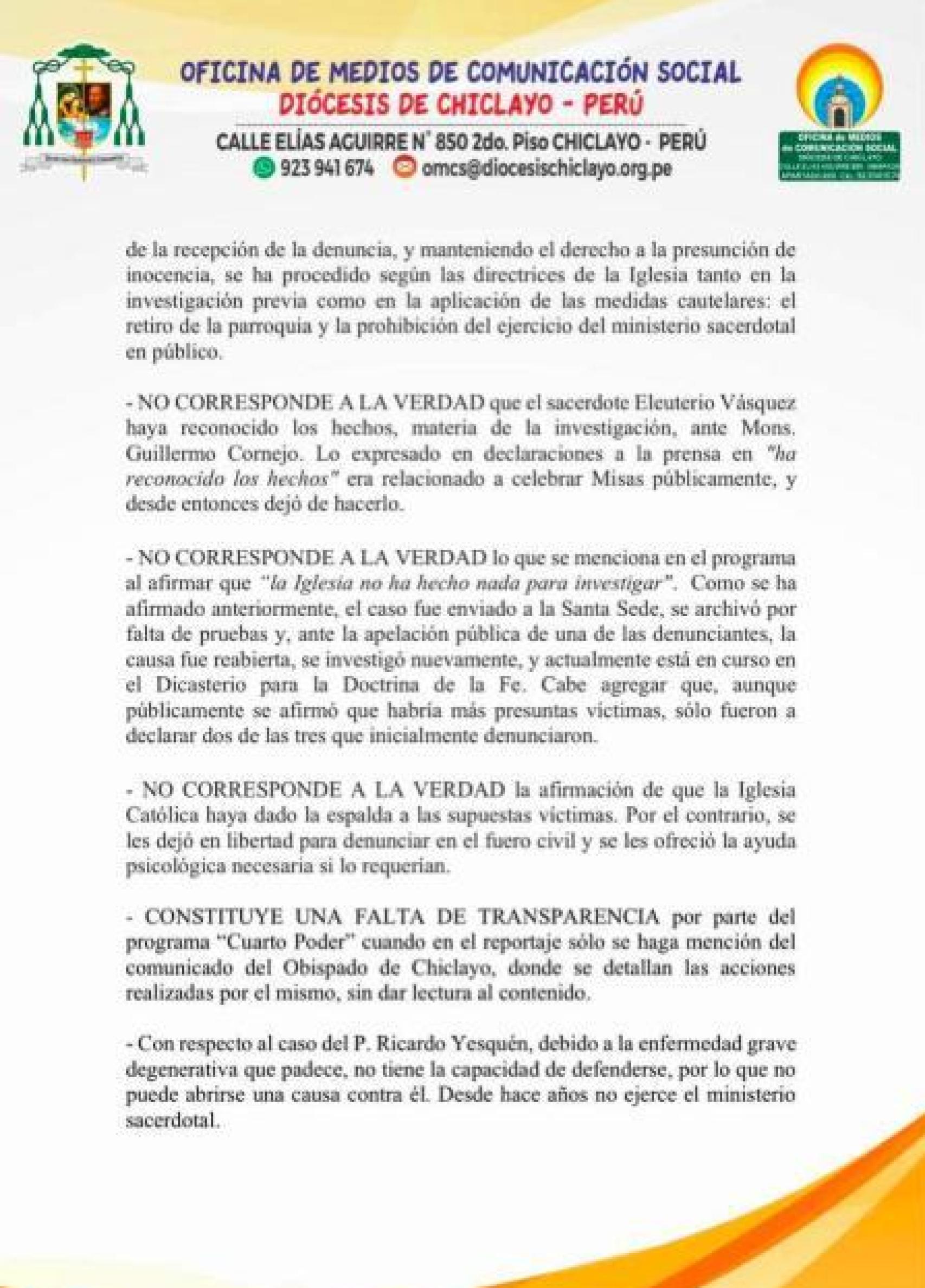 Parte del comunicado emitido por la Diócesis de Chiclayo en torno al presunto caso de abusos sexuales.
