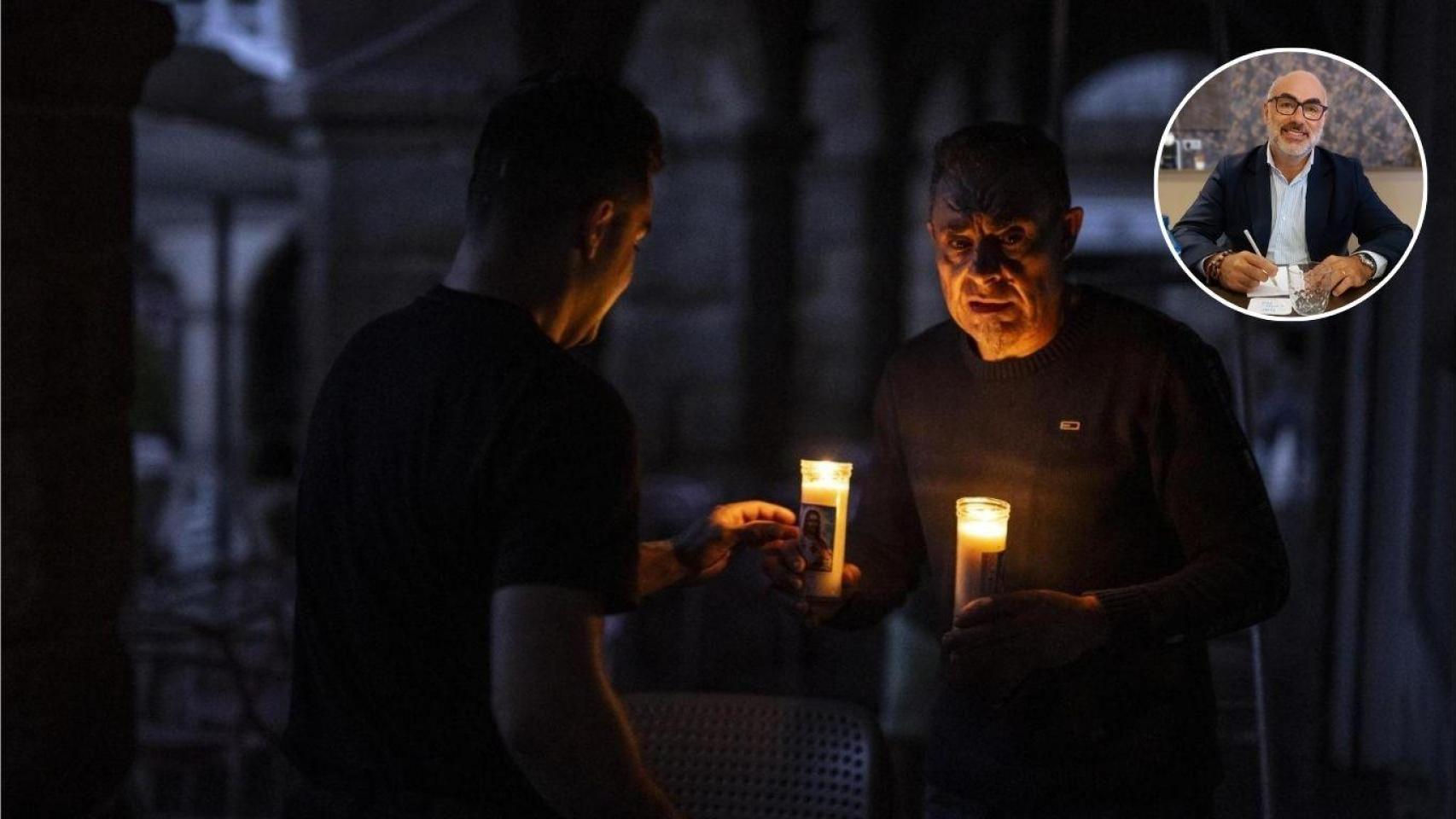 Montaje de Diego Mateos, ingeniero, en una imagen de una familia que recurrió a las velas durante el apagón.