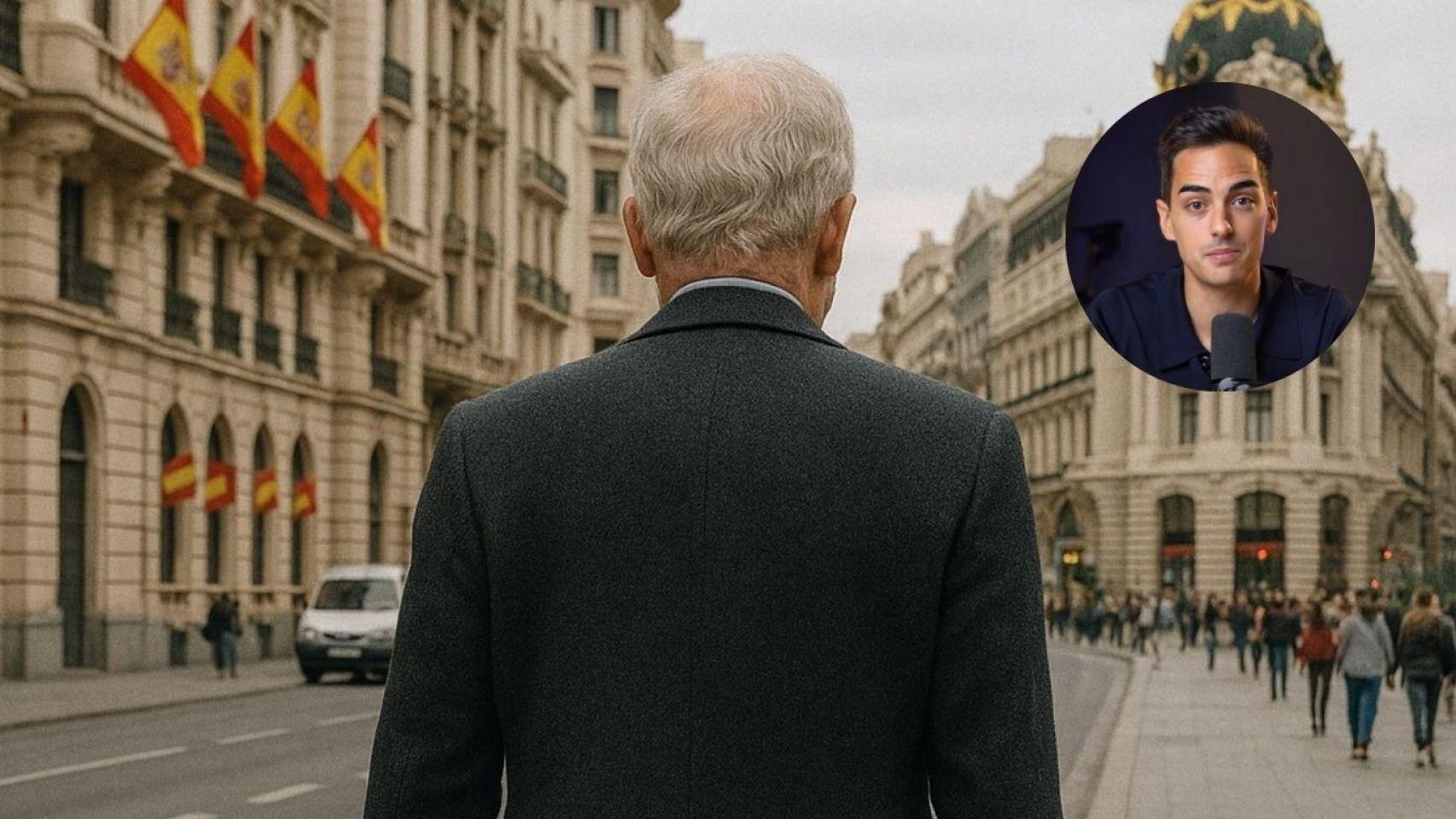 Montaje con hombre jubilado caminando por Madrid y Javier Linares, asesor financiero.