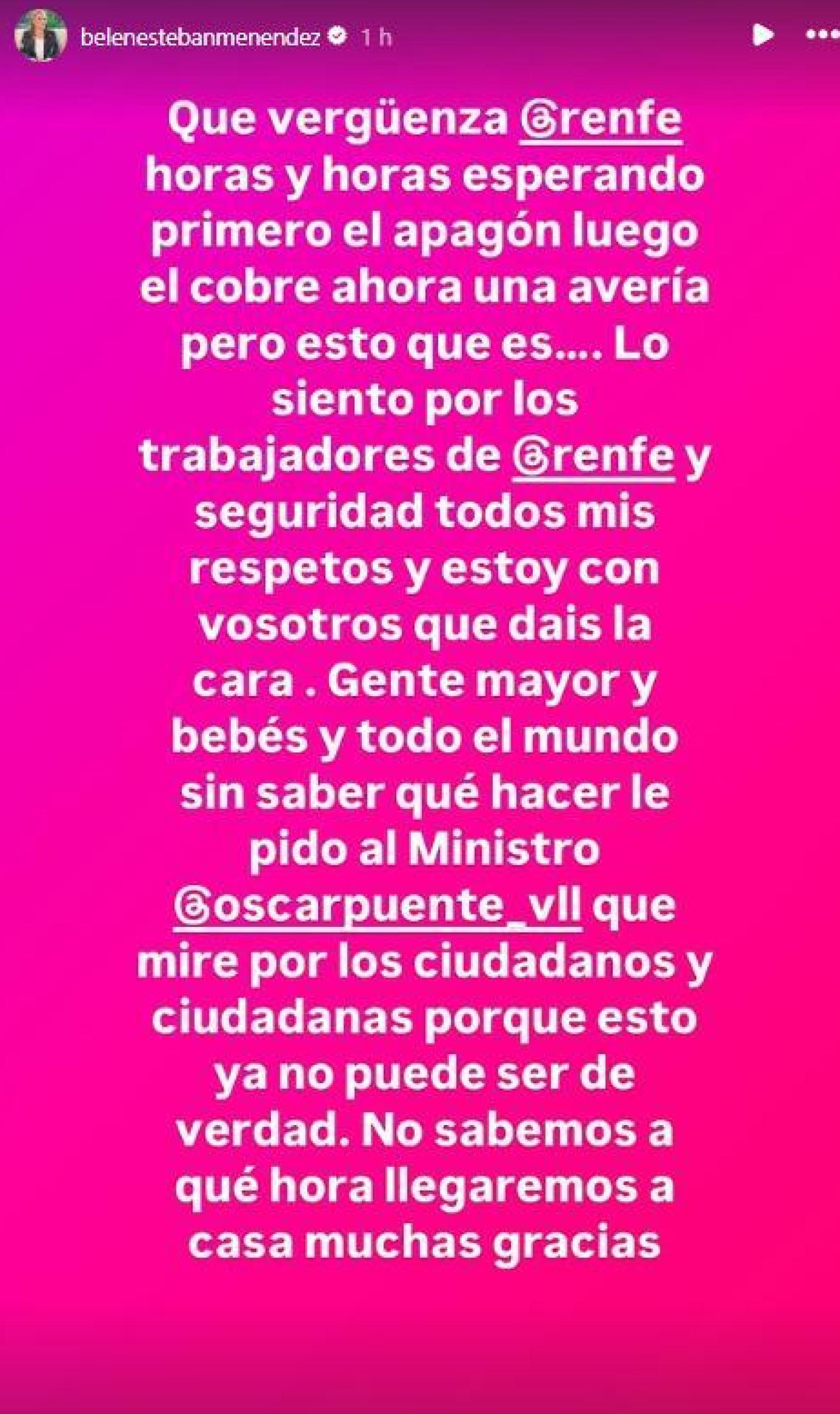 Mensaje compartido por Belén Estaban en su cuenta de Instagram.