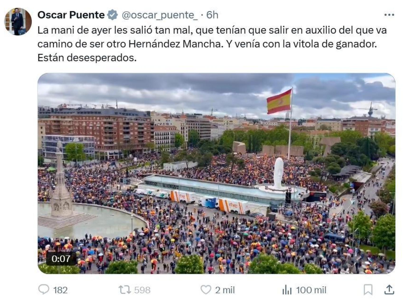 El mensaje publicado este domingo en X por el ministro Óscar Puente, sobre la manifestación celebrada el sábado en la plaza de Colón de Madrid.