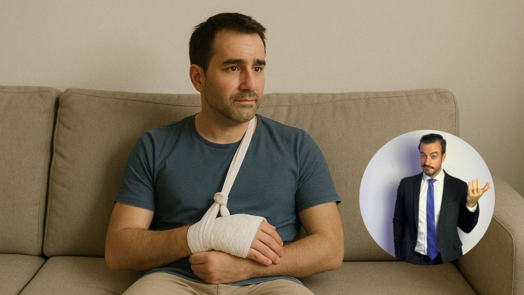 Montaje con hombre con un brazo roto e Ignacio de la Calzada, experto legal.