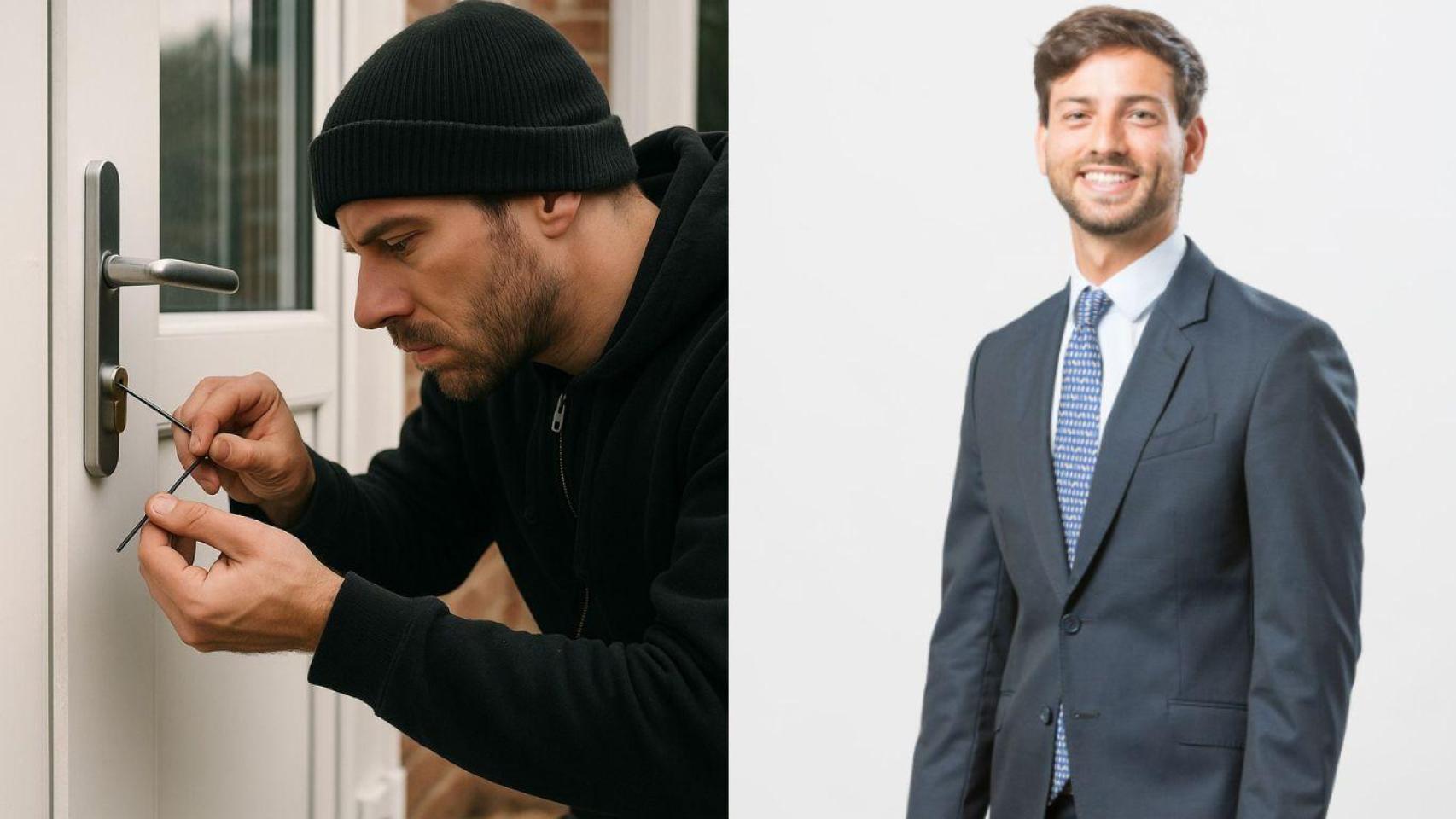 Montaje con okupa forzando una cerradura y Andrés Millán, experto legal.