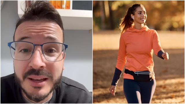 Montaje de Juan Antonio Martín, entrenador, junto a la imagen de una mujer caminando.