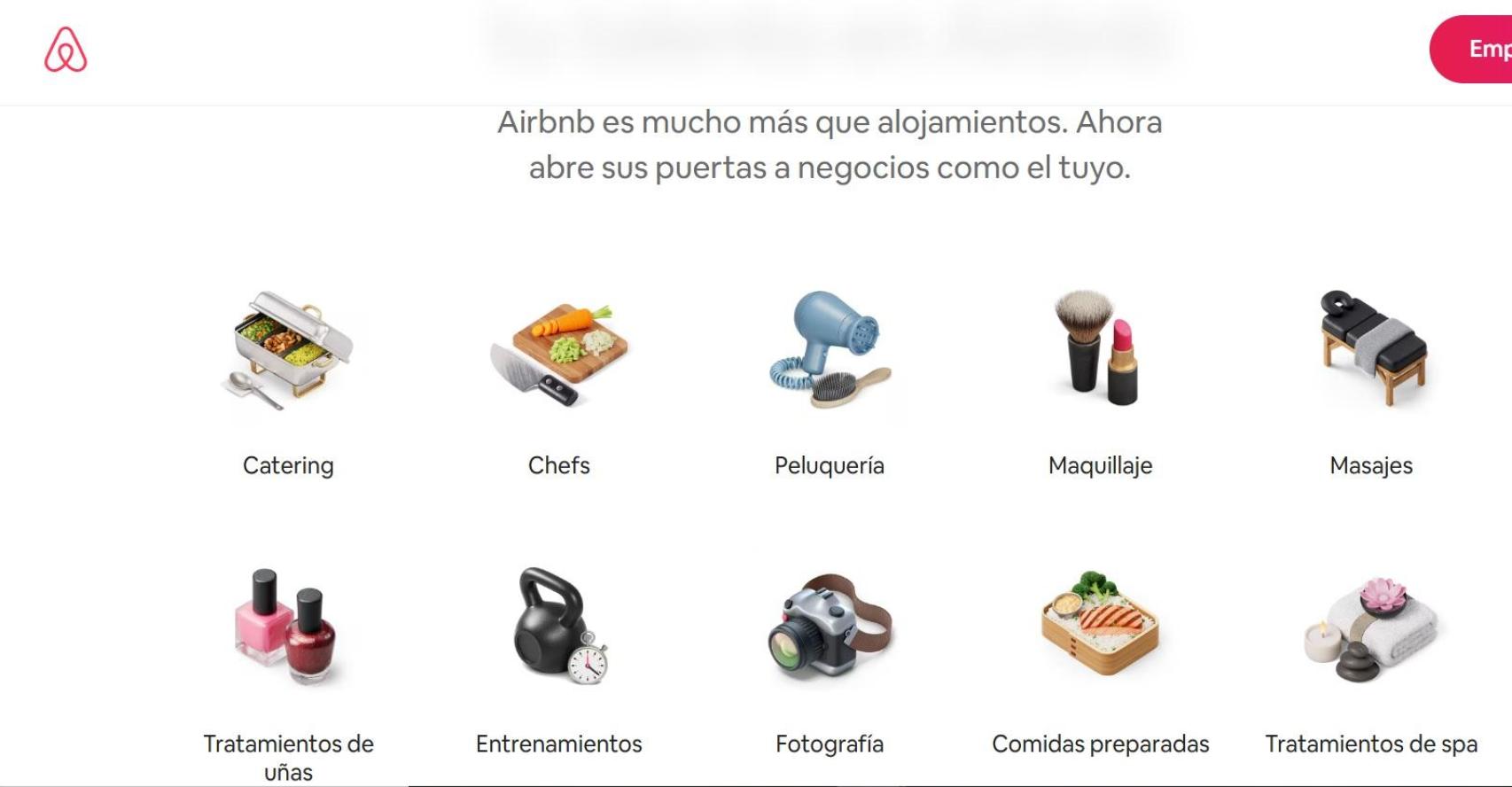 Web de Airbnb ofreciendo diez categorías de servicios.