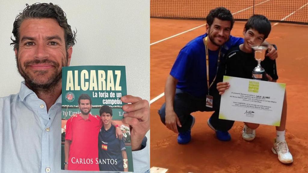 El entrenador de tenis, Carlos Santos, muestra su nuevo libro: 'Alcaraz: La forja de un campeón'; y a la derecha, posa con un pequeño Carlitos en el Mutua Madrid Open.