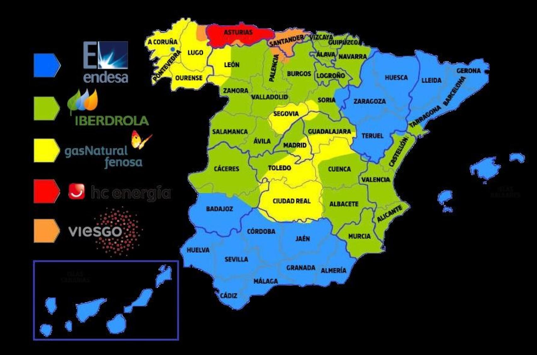 Mapa de las grandes distribuidoras eléctricas.