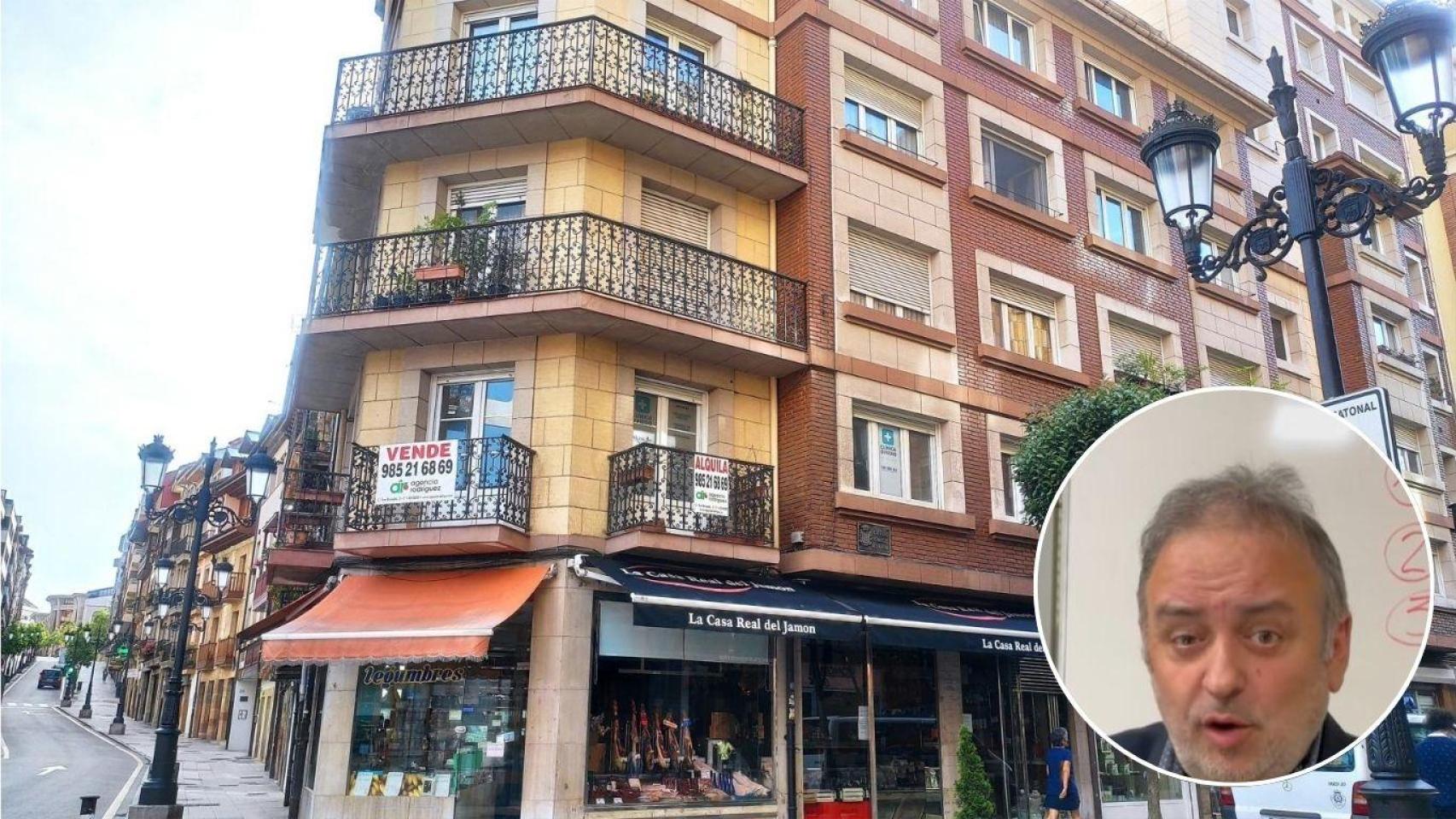 Montaje de Gregorio Estévez, experto inmobiliario, en una imagen de un edificio.