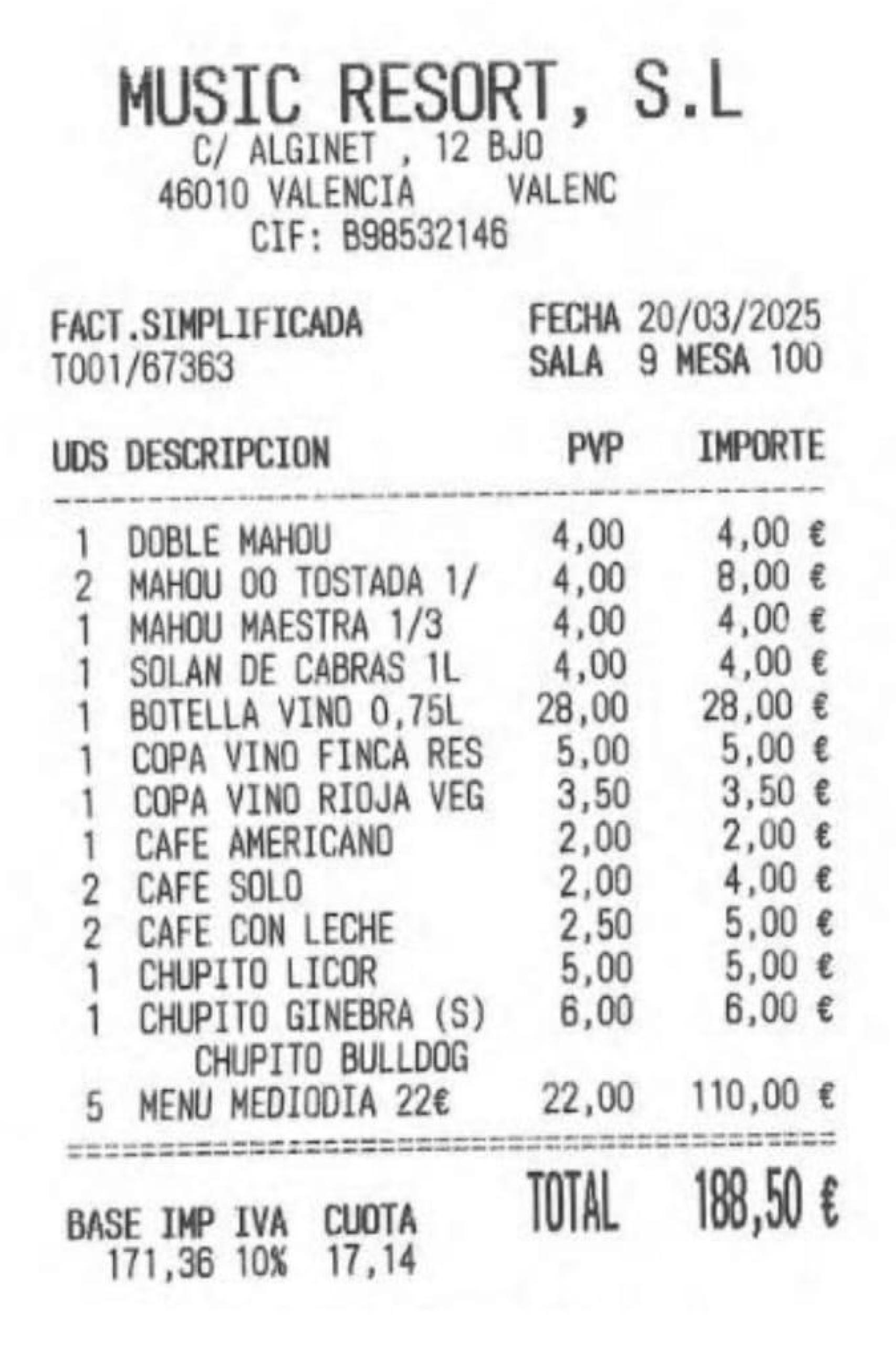 La factura de la comida de Gan Pampols y su equipo. EE