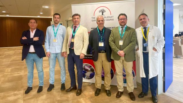 Felipe Parreño, jefe de Unidad de Cirugía Esofagogástrica y Bariátrica del CAUSA; Jaime López Sánchez, cirujano de la Unidad de HBP y Trasplante de Páncreas del CAUSA; Alberto Martínez-Isla, Senior Consultant Upper GI Surgery en el St. Marks Hospital Northwick Park de Londres; Pablo Parra Membrives, jefe de Servicio de Cirugía General y Digestiva del Hospital Universitario de Valme; José E. Quiñones Sampedro, organizador del curso y cirujano de la Unidad de HBP y Trasplante de Páncreas del CAUSA; y José Antonio Blázquez, subdirector de Servicios Quirúrgicos del CAUSA.