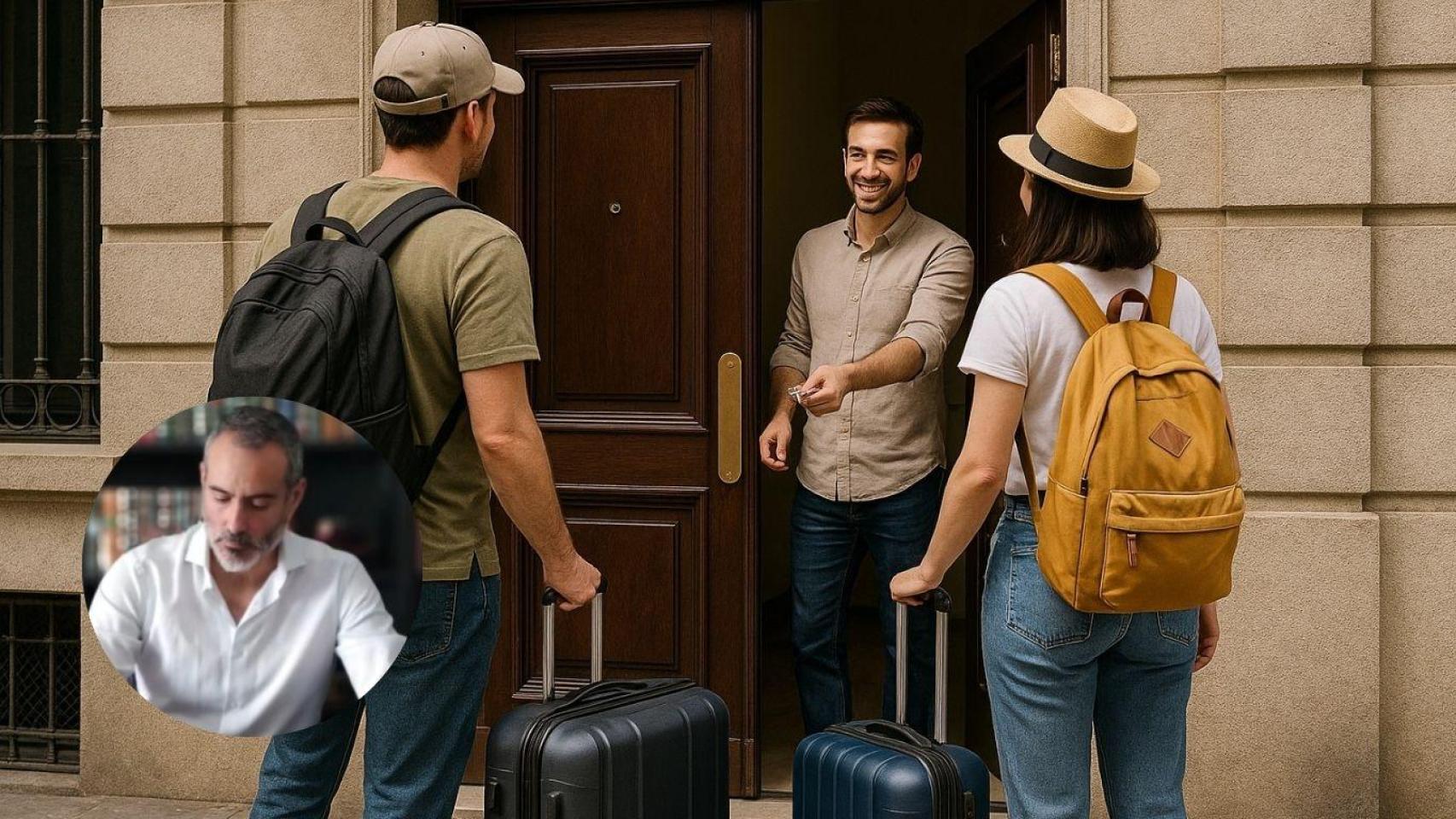Montaje con turistas llegando a una vivienda turística y M.J. Molina, experto inmobiliario.