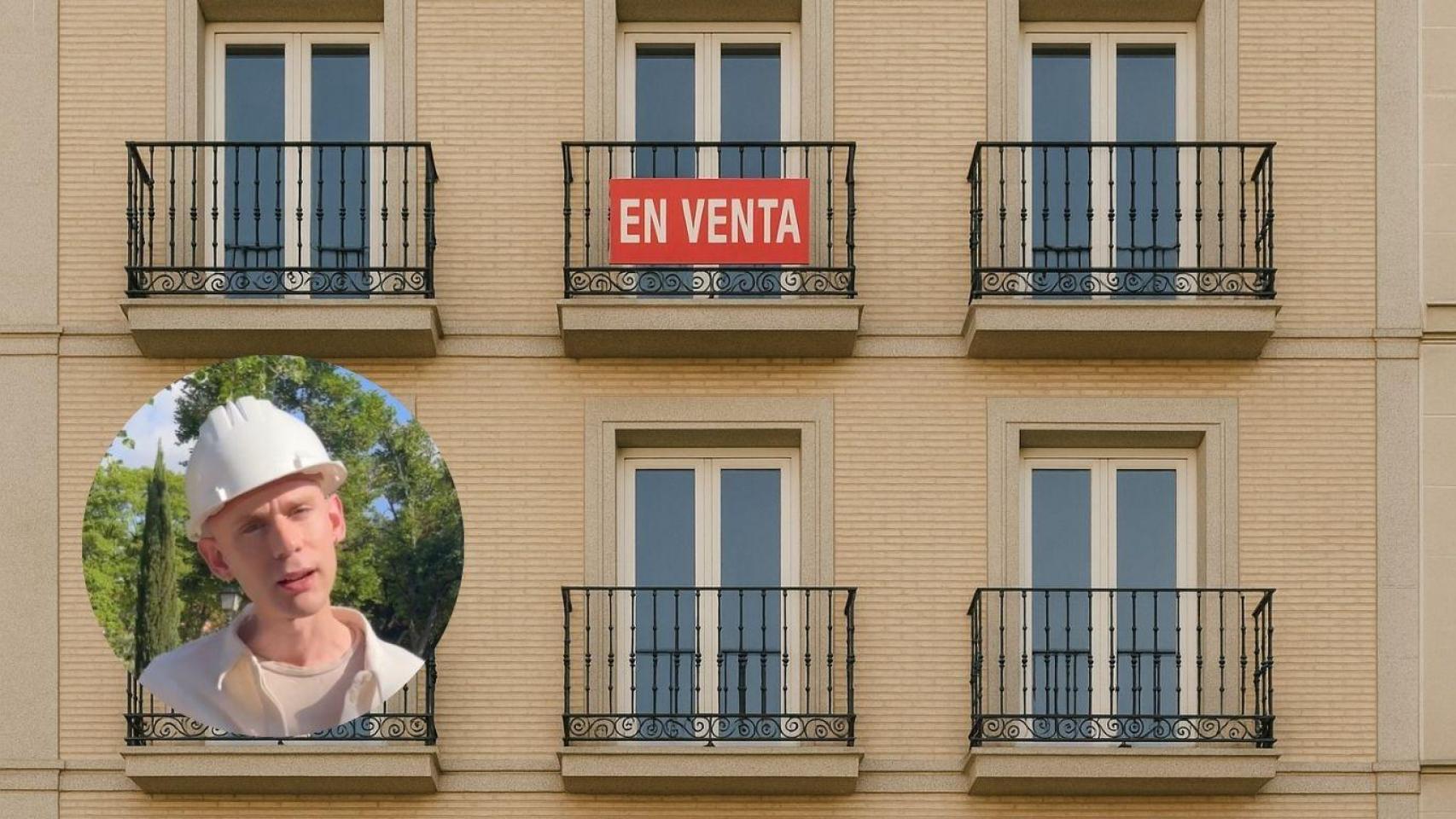 Montaje con edificio con un piso en venta y Eric Harley, experto en estudios urbanos.