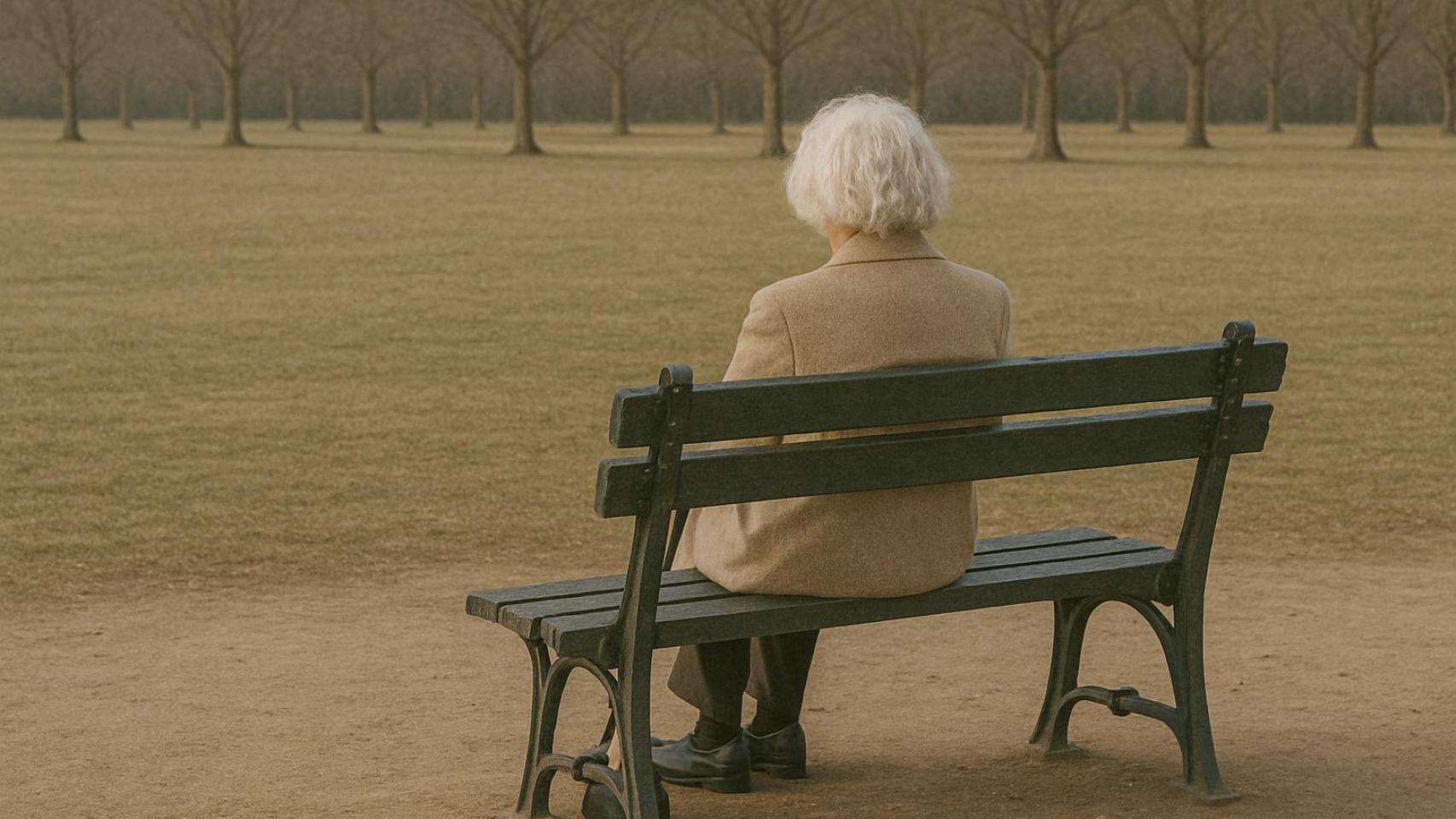 Una mujer jubilada descansando en el banco de un parque.