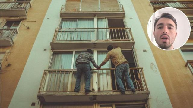 Montaje de Álvaro Herreruela, cofundador de 'Moradai' en una fachada de un edificio.