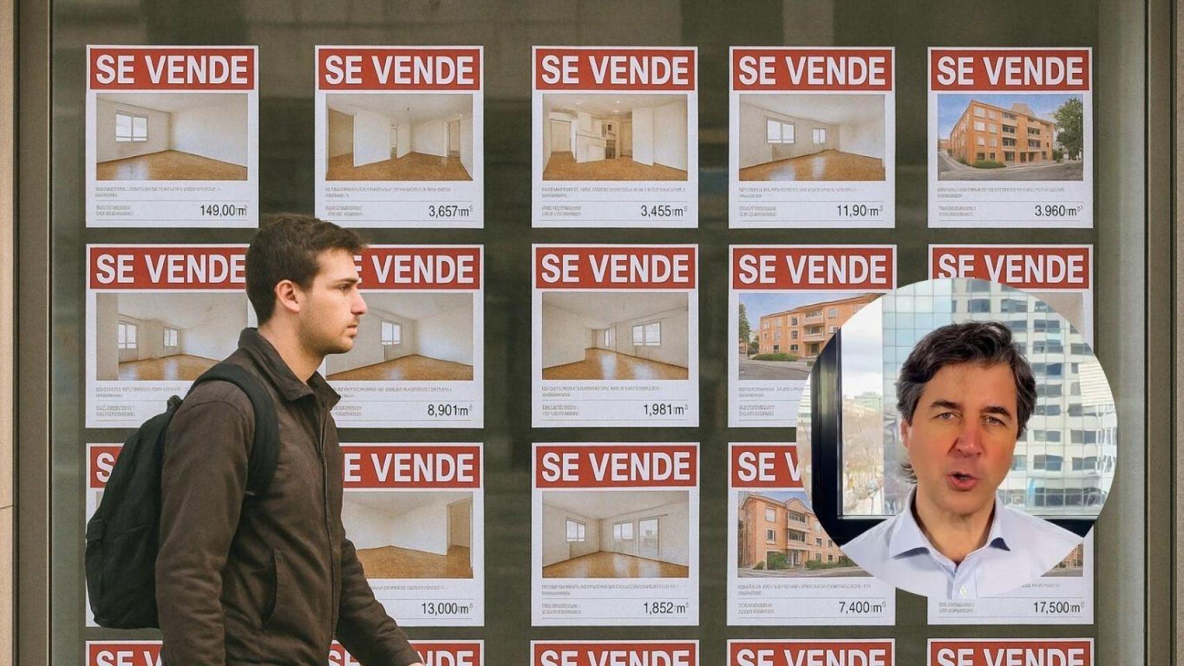 Montaje hombre pasando frente a una agencia inmobiliaria y experto de la agencia Inmobity.