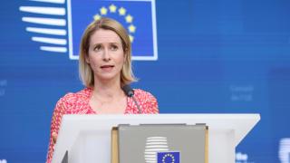La jefa de la diplomacia europea, Kaja Kallas, durante la reunión de este martes en Bruselas