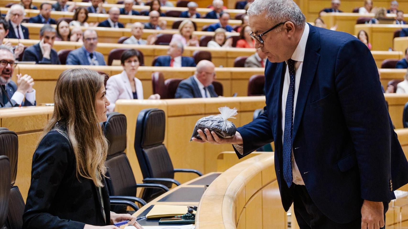 Un senador del PP entrega una bolsa de tierra a Aagesen y el PSOE le denuncia por  acoso  e  intimidación :  Es arena tóxica 