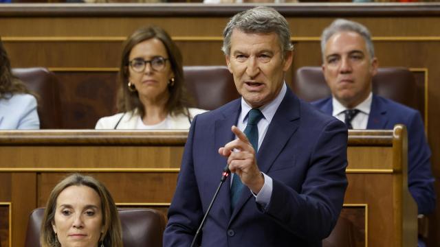 El líder del PP, Alberto Núñez Feijóo, durante su intervención en la sesión de control al Gobierno.