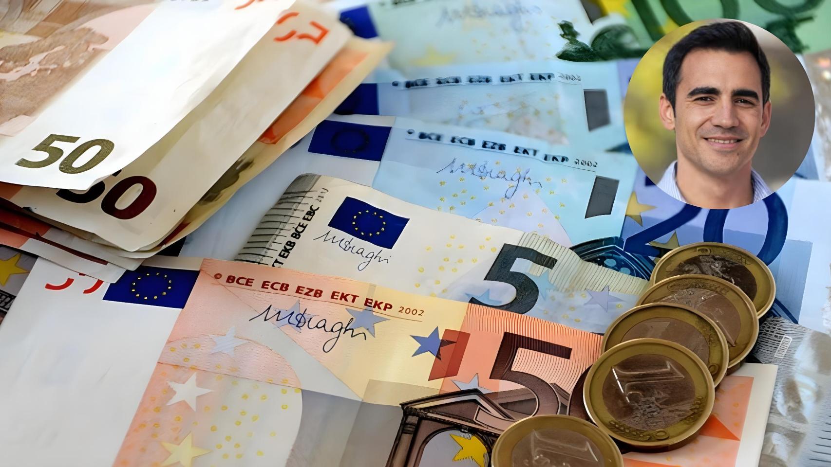 Montaje de Uri Vyce junto a billetes y monedas.