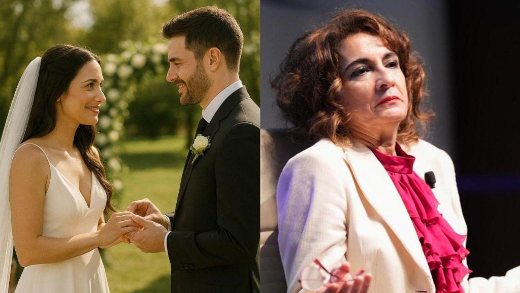 Montaje con pareja casándose y María Jesús Montero, ministra de Hacienda.