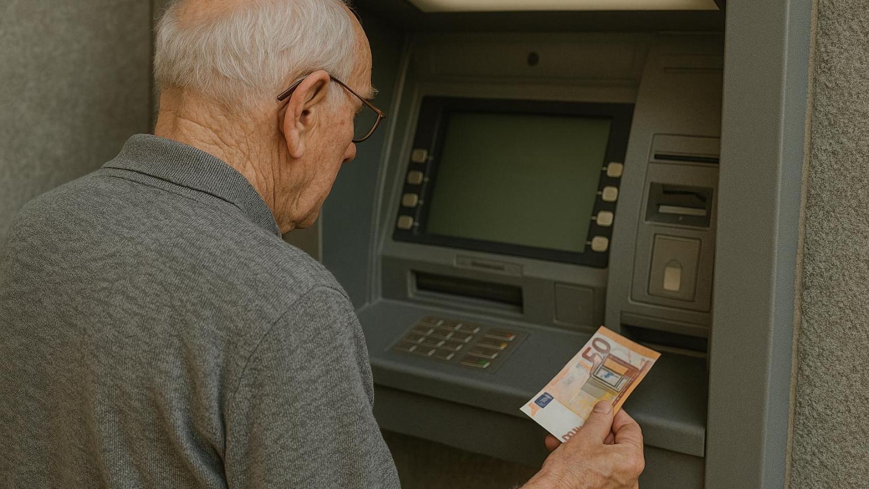 Un pensionista saca dinero de un cajero.