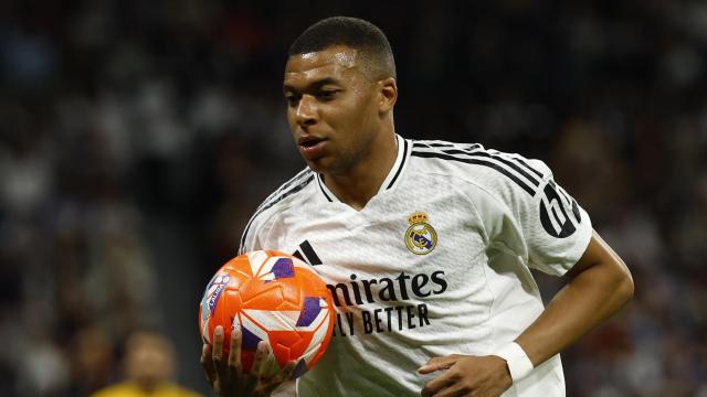 Mbappé celebra un gol con el Real Madrid.
