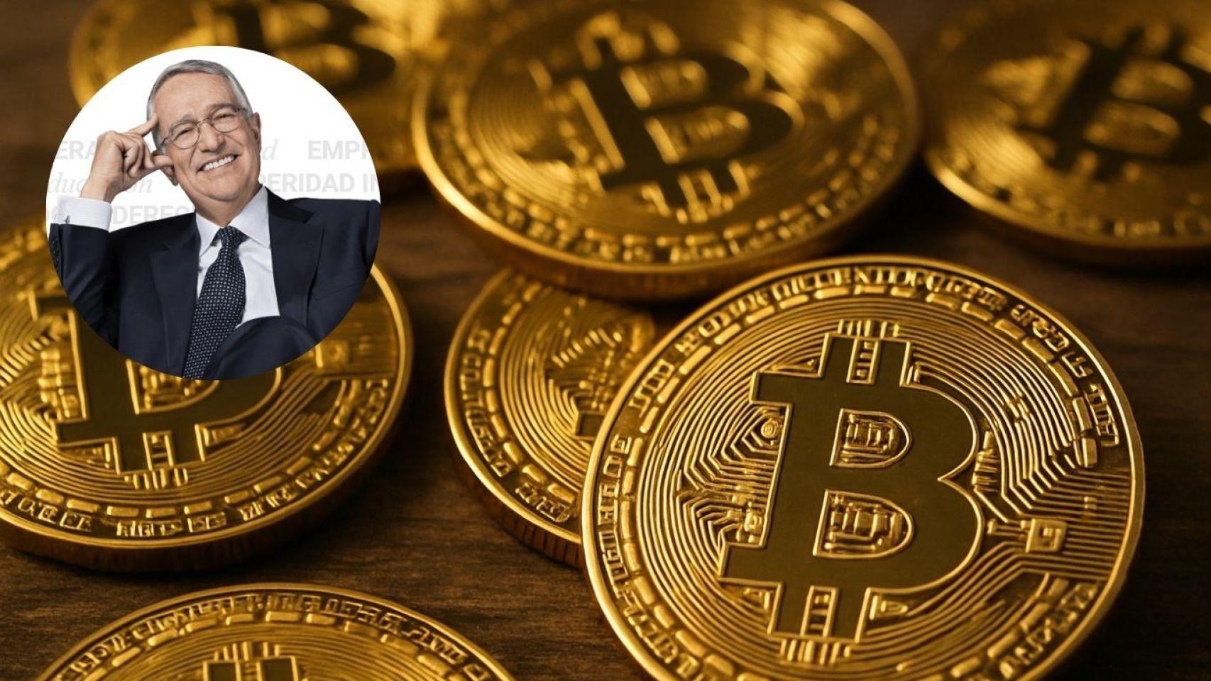 Montaje monedas de Bitcoin y Ricardo Salinas Pliego, experto en inversiones.