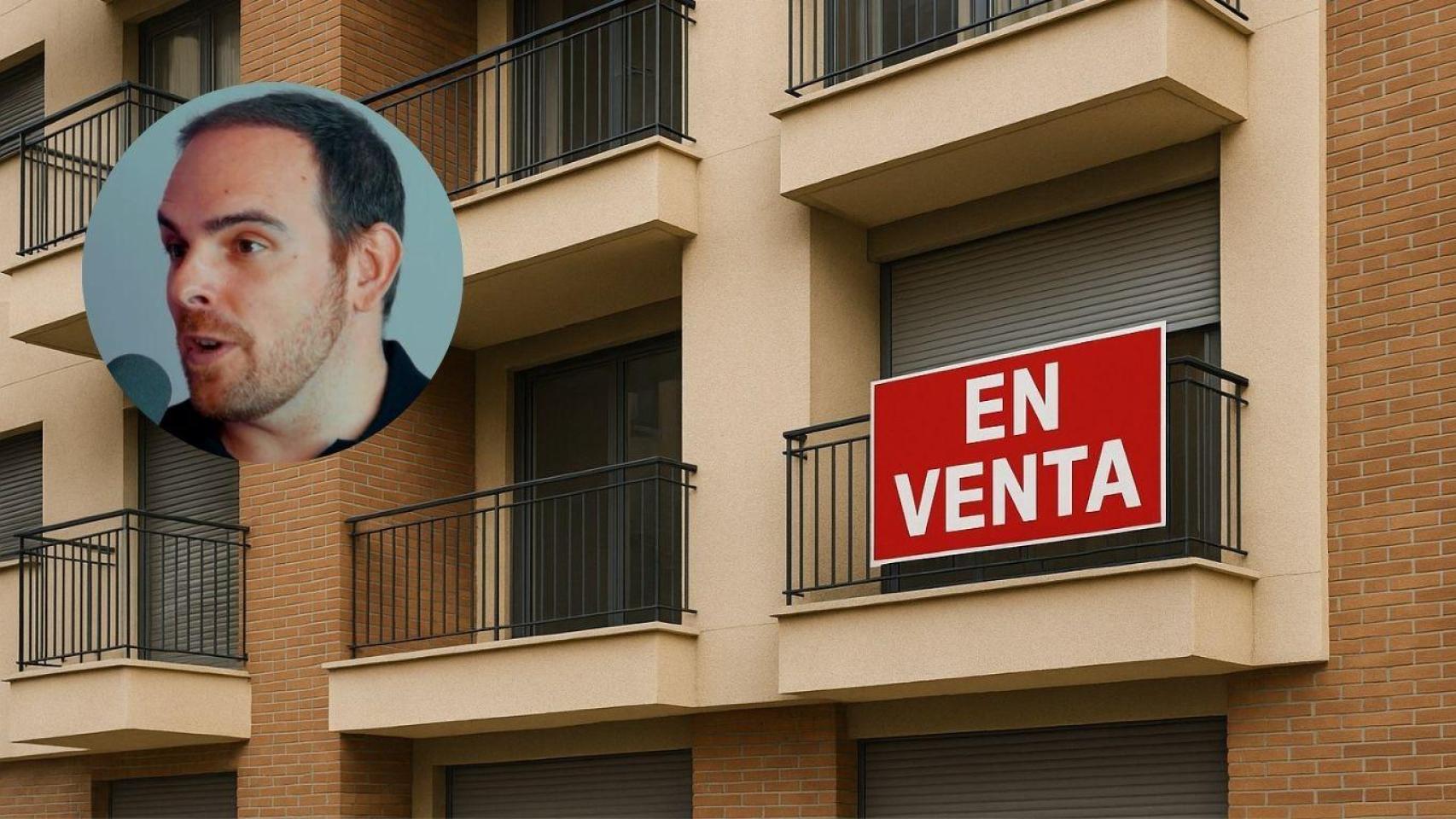 Montaje con piso en venta y Rubén de Gracia, asesor financiero.