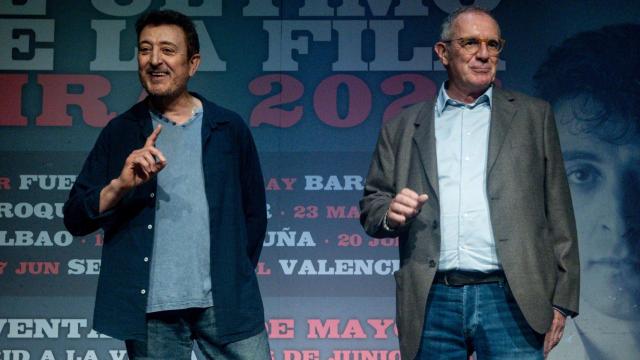 Manolo García y Quimi Portet, miembros de El Último de la Fila, durante una rueda de prensa este martes en la Casa de Vacas, en el parque de El Retiro, Madrid. Foto: Ricardo Rubio/Europa Press