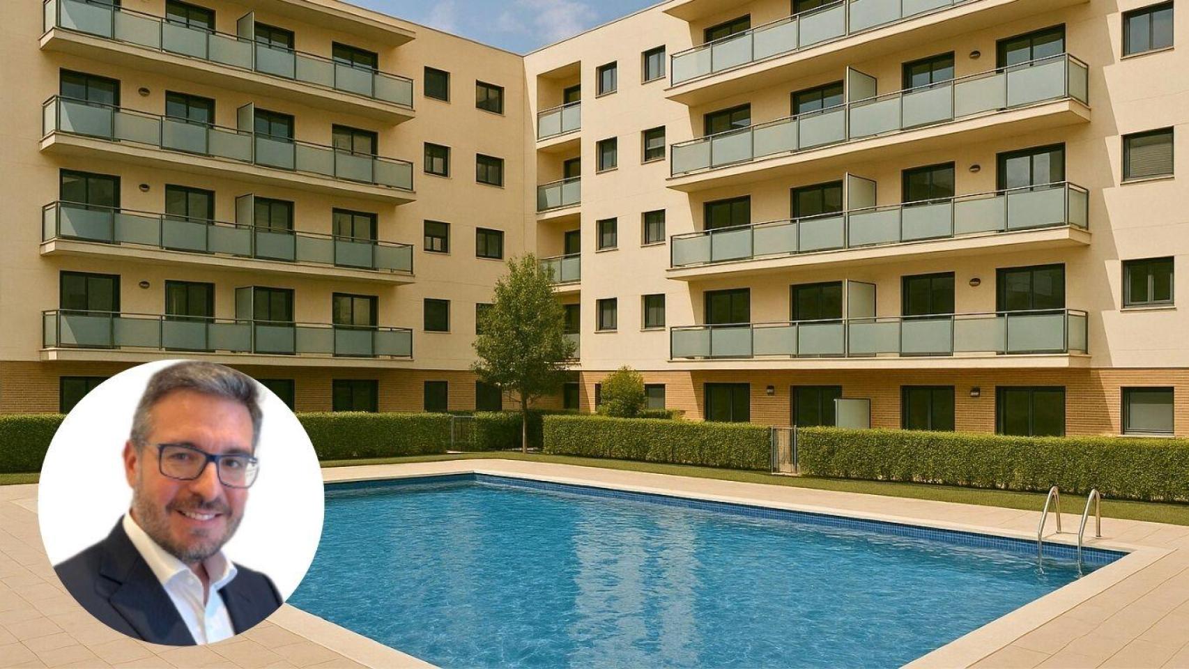 Montaje con un edificio con piscina y Sergio Excel, experto inmobiliario.