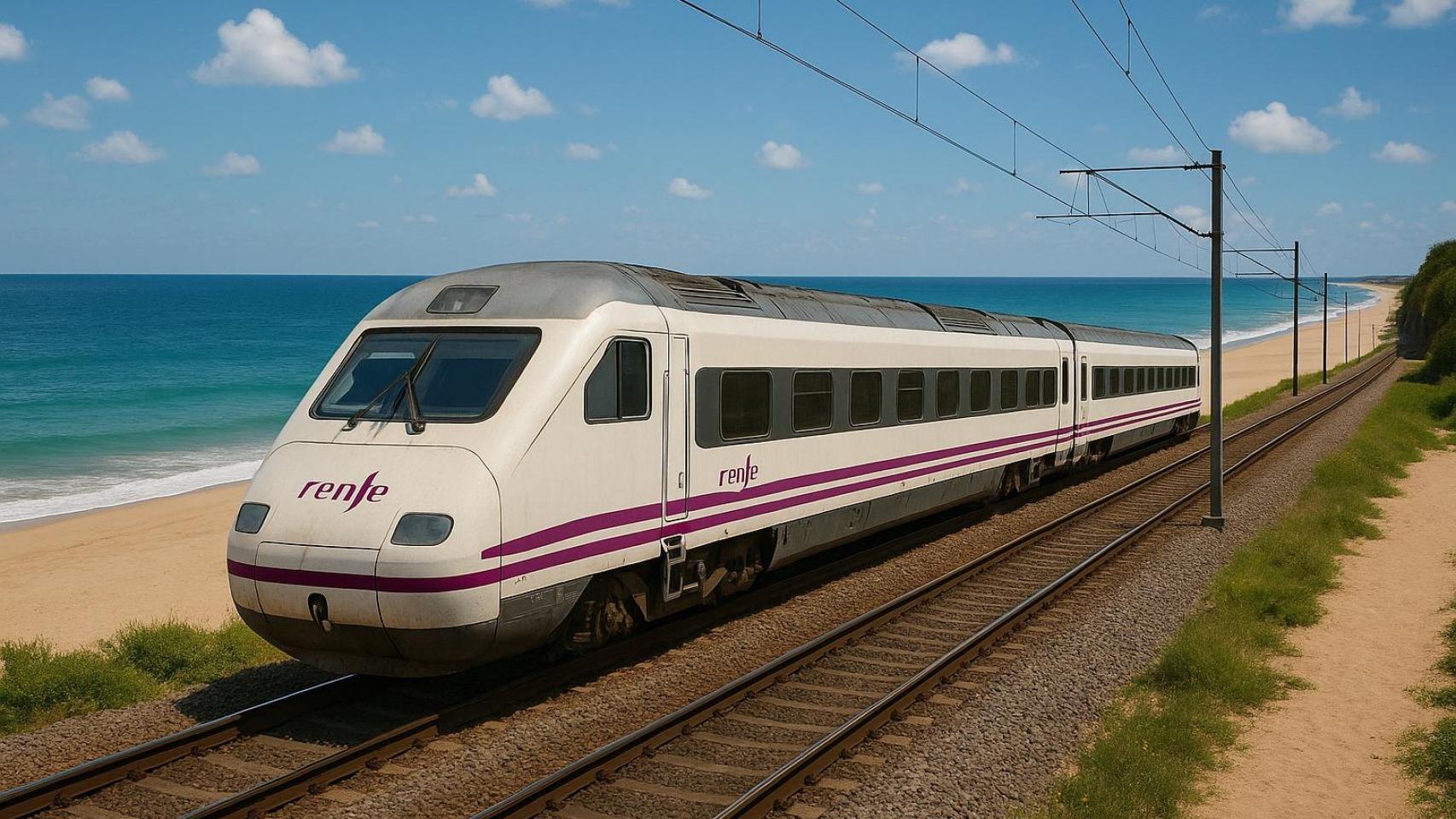 Un tren de Alta Velocidad en un trayecto próximo a la costa.
