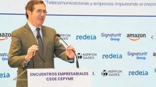 Antonio Garamendi, presidente de la CEOE, en un desayuno informativo de Meinrad Spenger, CEO de Masorange.