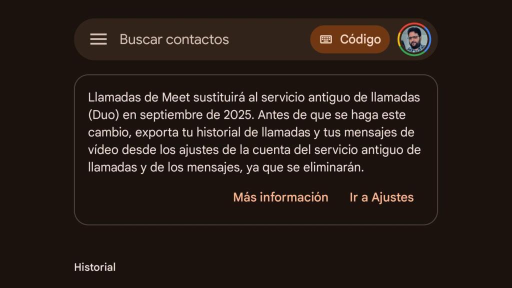 Notice of the closure of Google Duo on Google Meet
