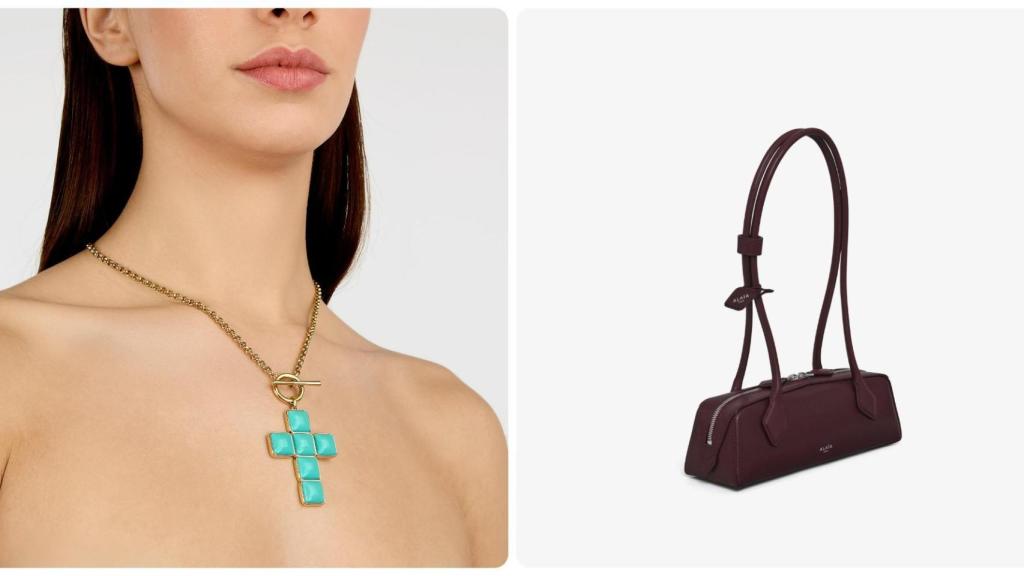 Collar turquesa en T de la marca Chiara Ferragni y la bolsa del ala de Le Teckel.