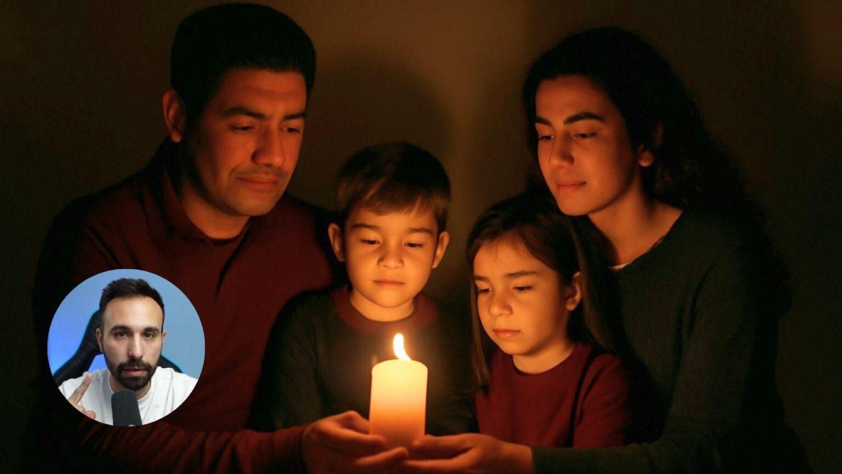 Montaje con familia con una vela en un apagón y Javier Dasí, ingeniero experto en energía.