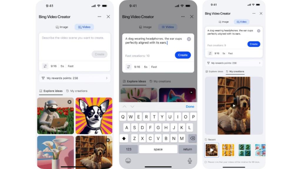 Creation of videos with AI in the bing app