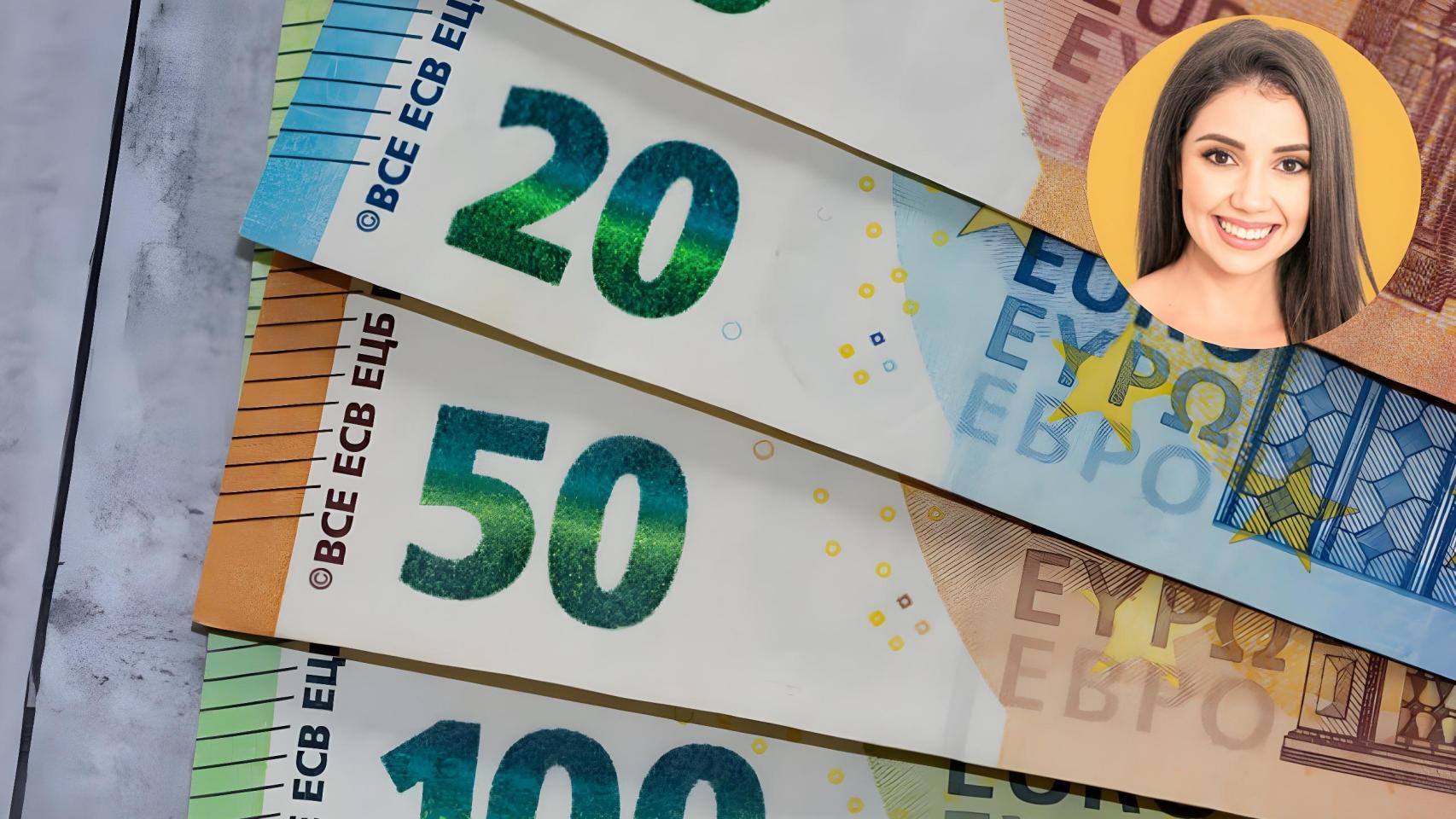 Diseño de Celia Rubio junto a varios billetes.