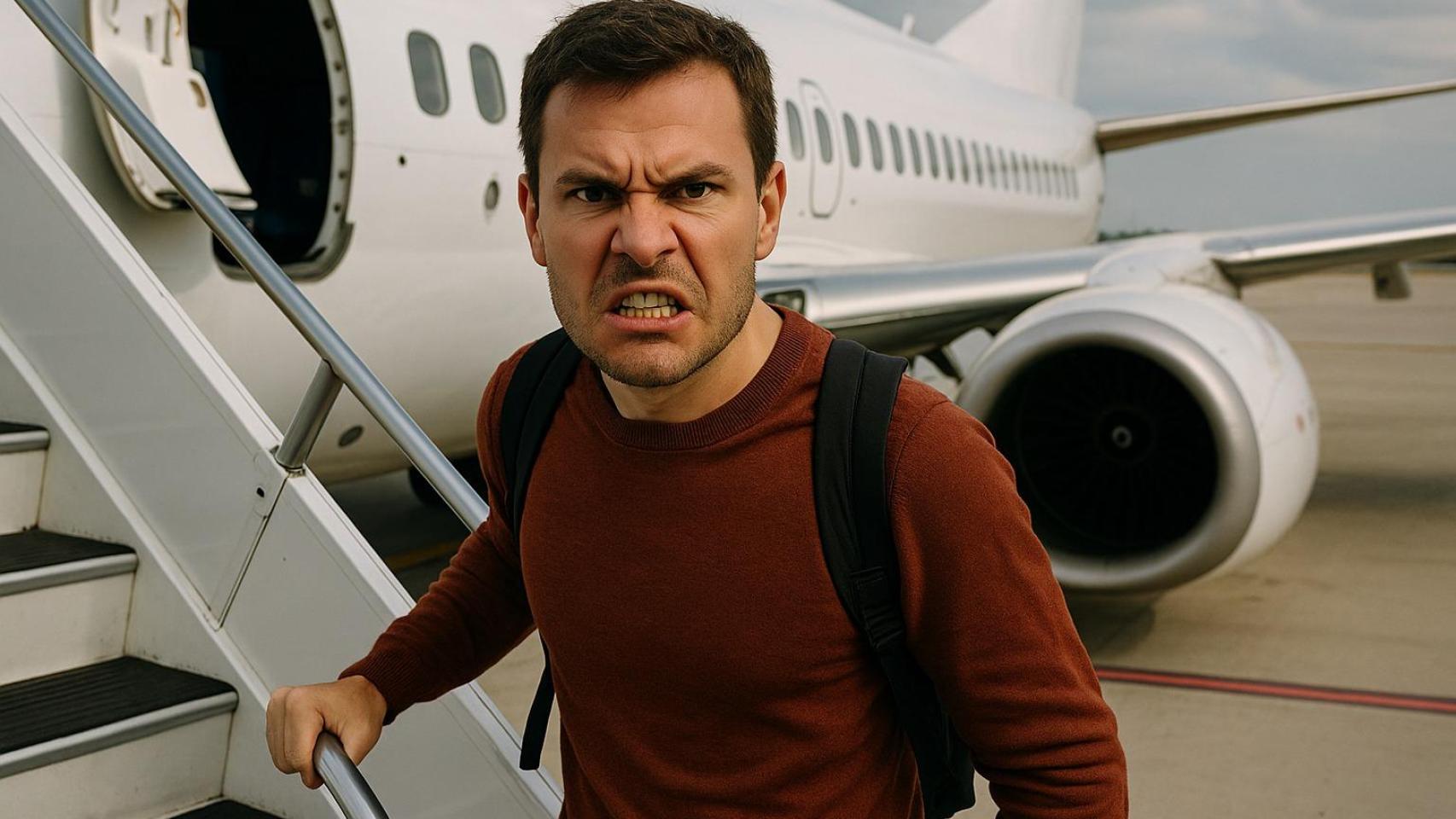 Un viajero enfadado antes de subir al avión.