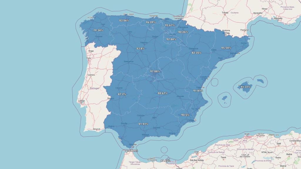Representación de la península en el mapa de cobertura de banda ancha.
