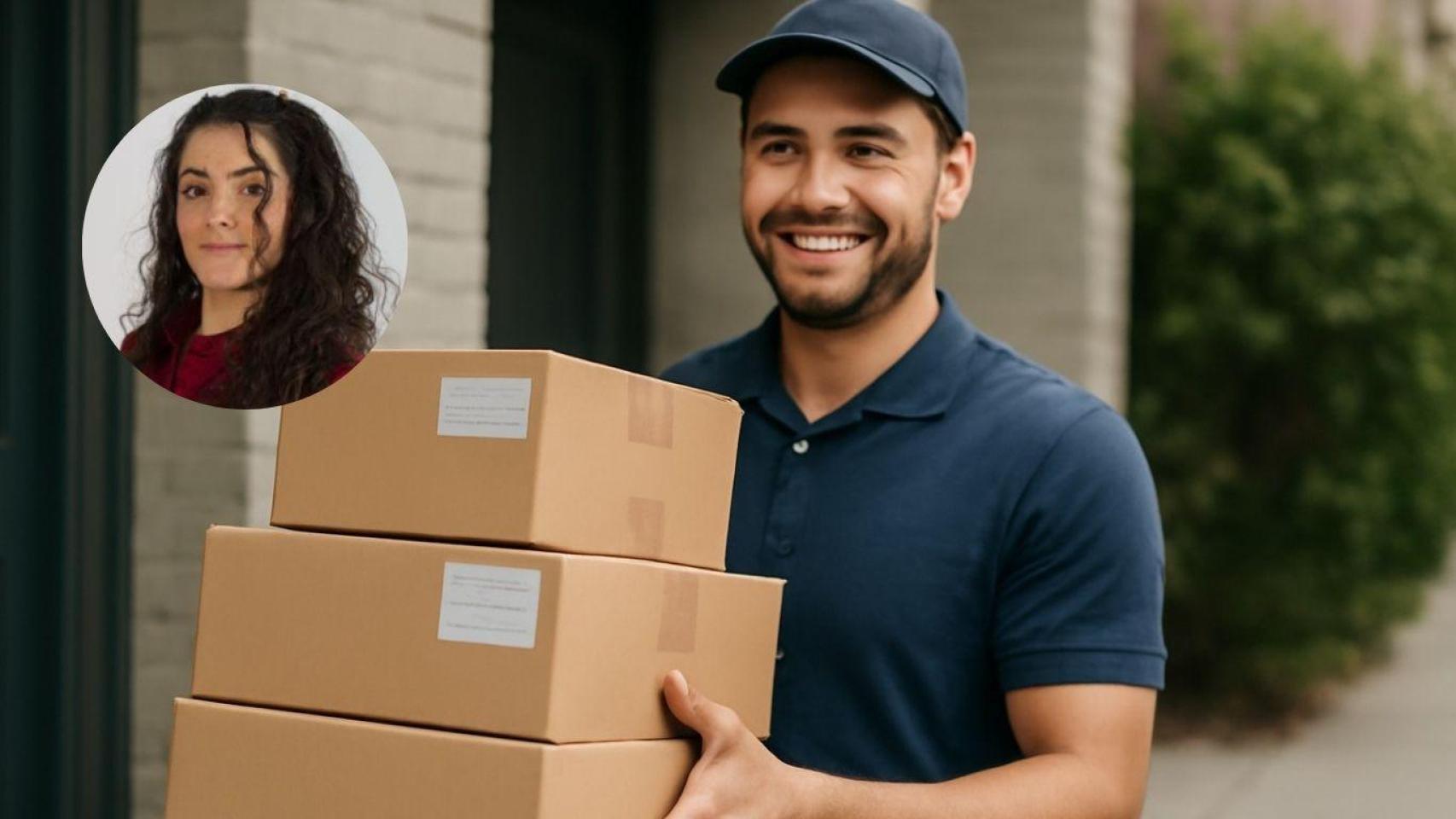 Montaje con repartidor de paquetes y María Aperador experta en ciberseguridad.
