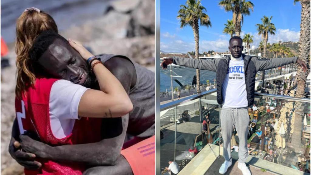 En la izquierda, la popular imagen de Abdou junto a Luna Reyes, voluntaria de Cruz Roja, en Ceuta. A la derecha, el varón en una imagen cedida después de su rescate.
