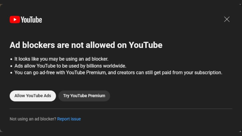 The message that appears with an advertisement blocker on YouTube
