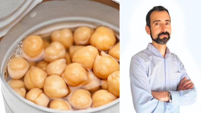 Imagen de unos garbanzos de bote y el nutricionista Roger Vilageliu.