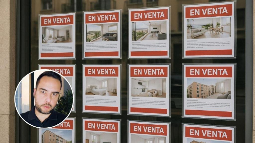 Montaje con vidriera de una agencia inmobiliaria con Alex Tómas, experto inmobiliario.