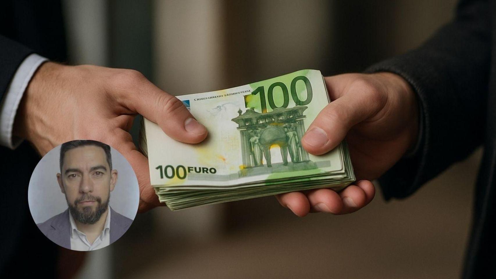 Montaje con manos entregándose euros y David Jiménez, abogado experto en herencias.