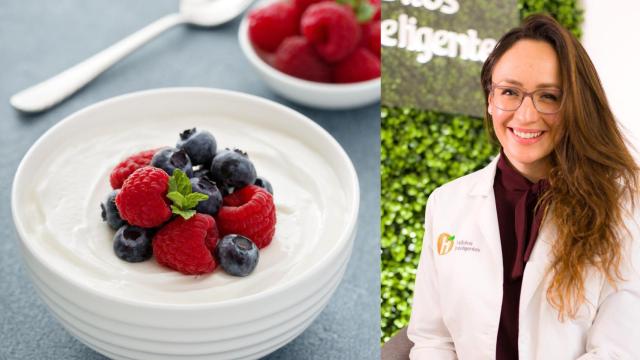 La nutrióloga Grace Ibarra y un bol de yogur con frutos rojos.