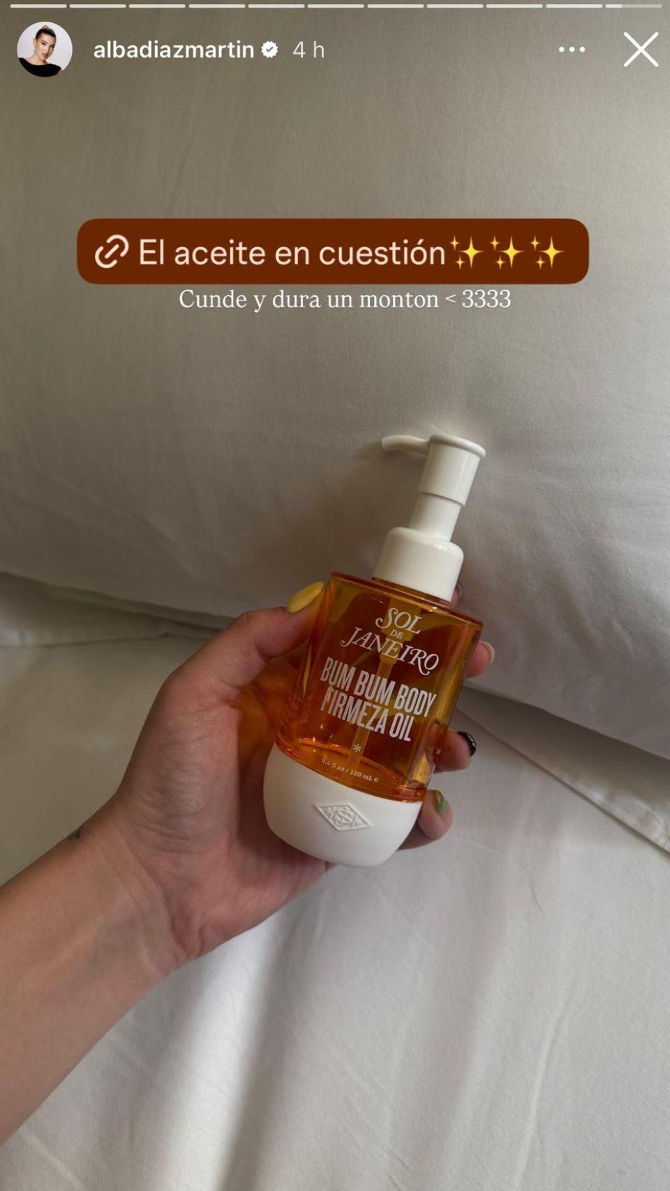 El aceite corporal utilizado por Alba Díaz Martín.