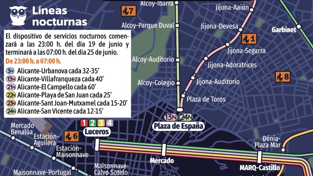 El mapa de acceso al centro de Alicante con los autobuses.