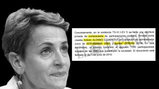 María Chivite durante la rueda de prensa que ofreció el pasado 12 de junio y el escrito de Cerdán y Servinabar.